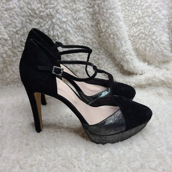 Vince Camuto Akido T Strap Black‎ & Silver Pumps sz 9 - Picture 1 of 7